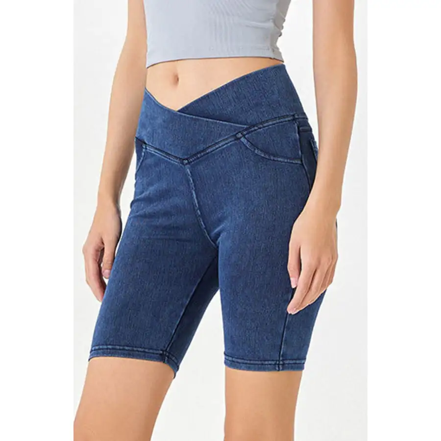 Asymmetrical Waist Denim Shorts with Pockets