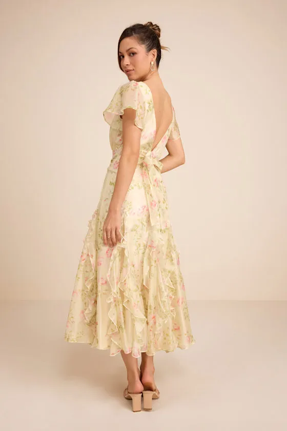 Deluca Light Green Floral Ruffled Midi Dress