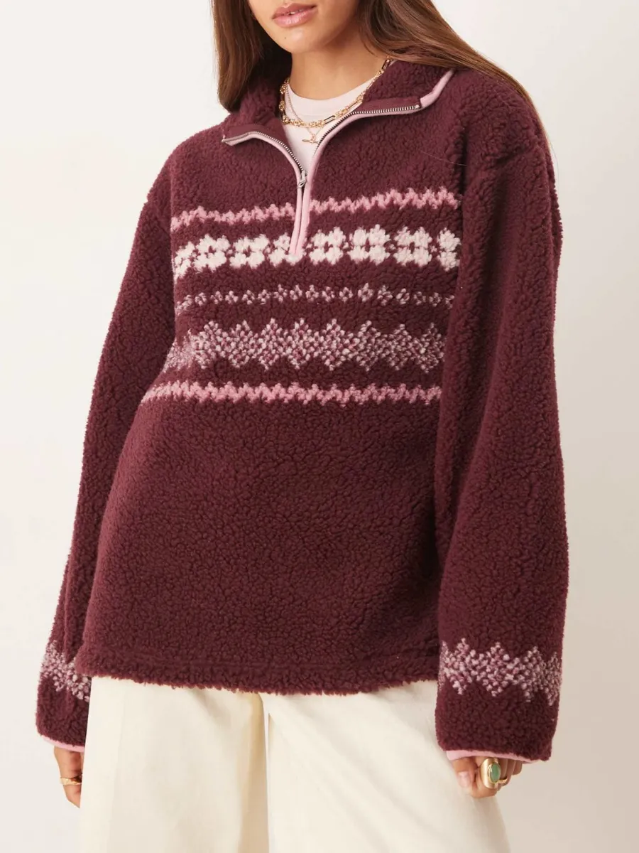 Patterned Sherpa Half-Zip Sweatshirt
