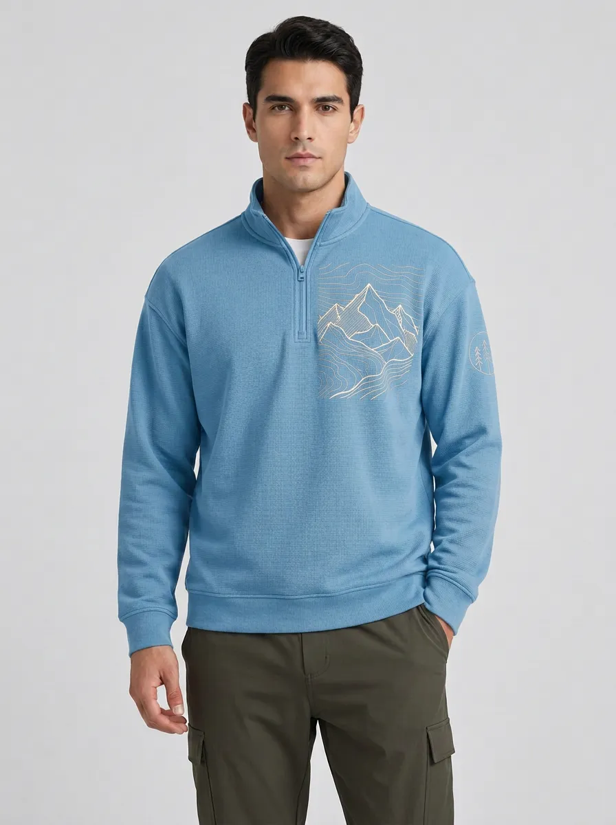 Men's Outdoor Hiking Mountain Line Art Printed Quarter Zip Sweatshirt