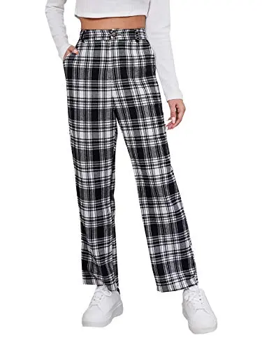 Women's Tartan Plaid Mid Waist Straight Pants