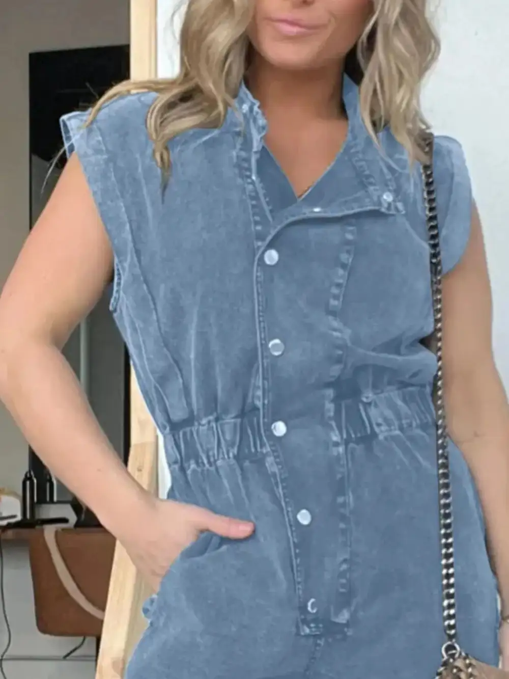 Plus Size Button Front Cap Sleeve Accessory