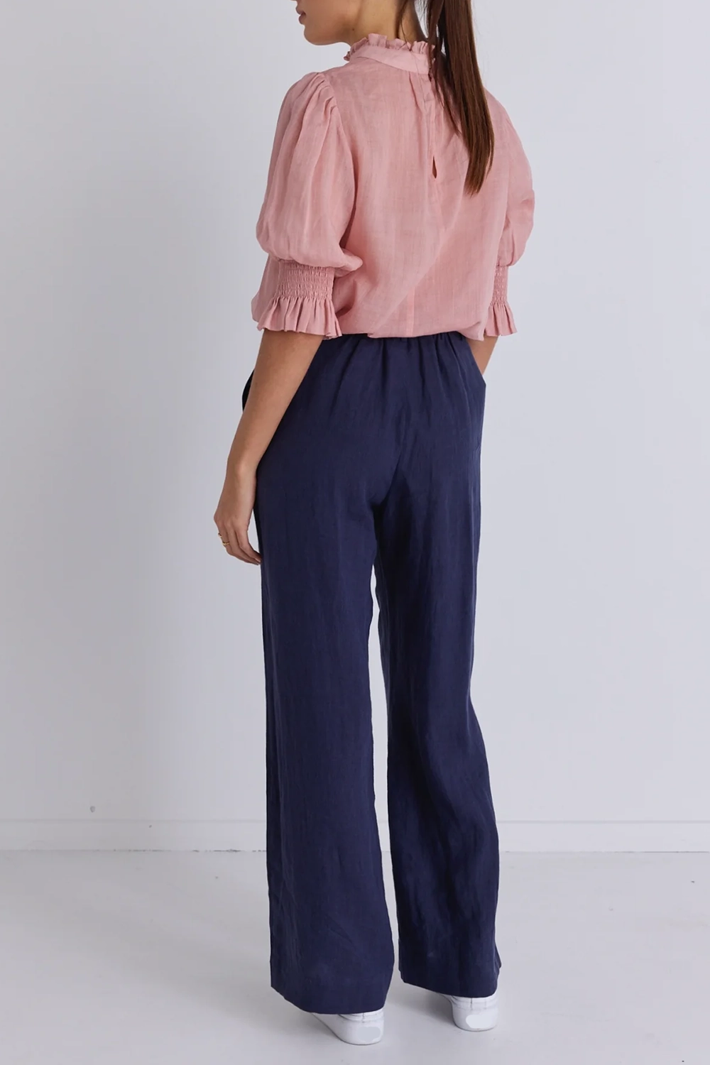 Navy Linen Elastic - Back Wide Pants