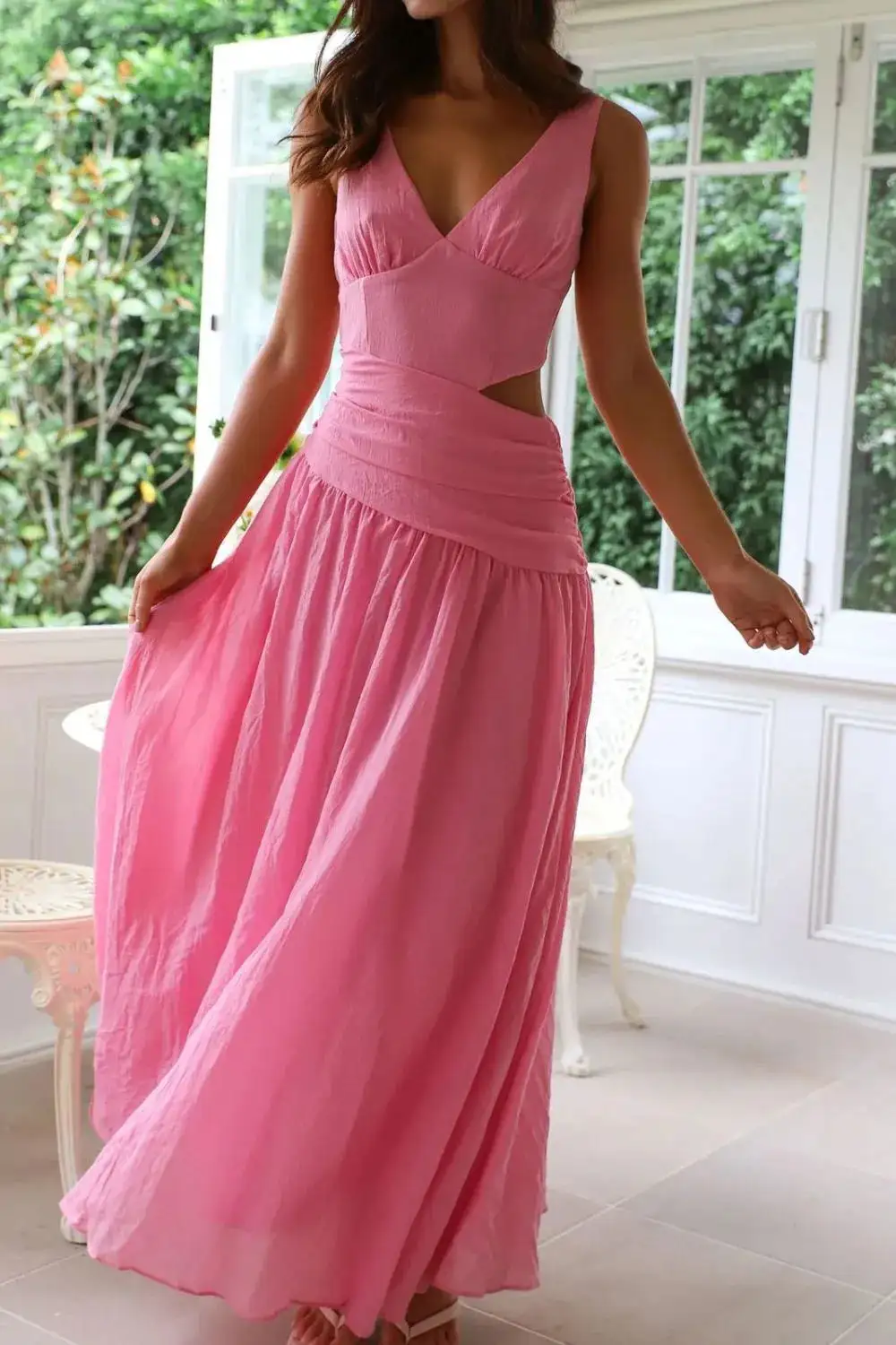 Ruched V-Neck Cotton Casual Dress