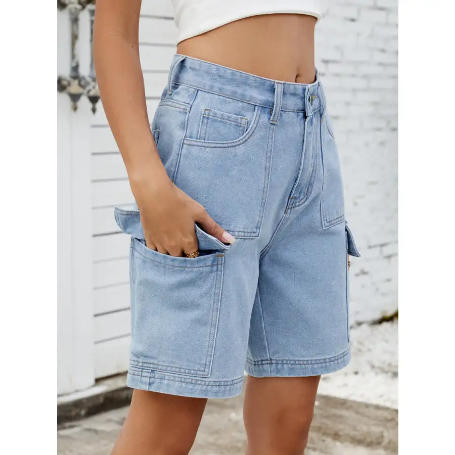High Waist Denim Shorts with Cargo Pockets