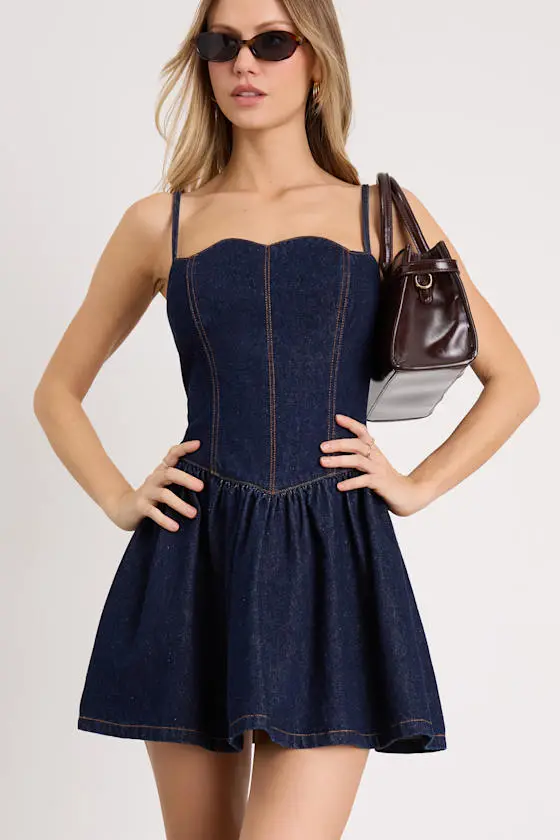 Phoenix Dark Wash Basque Waist Mini Dress