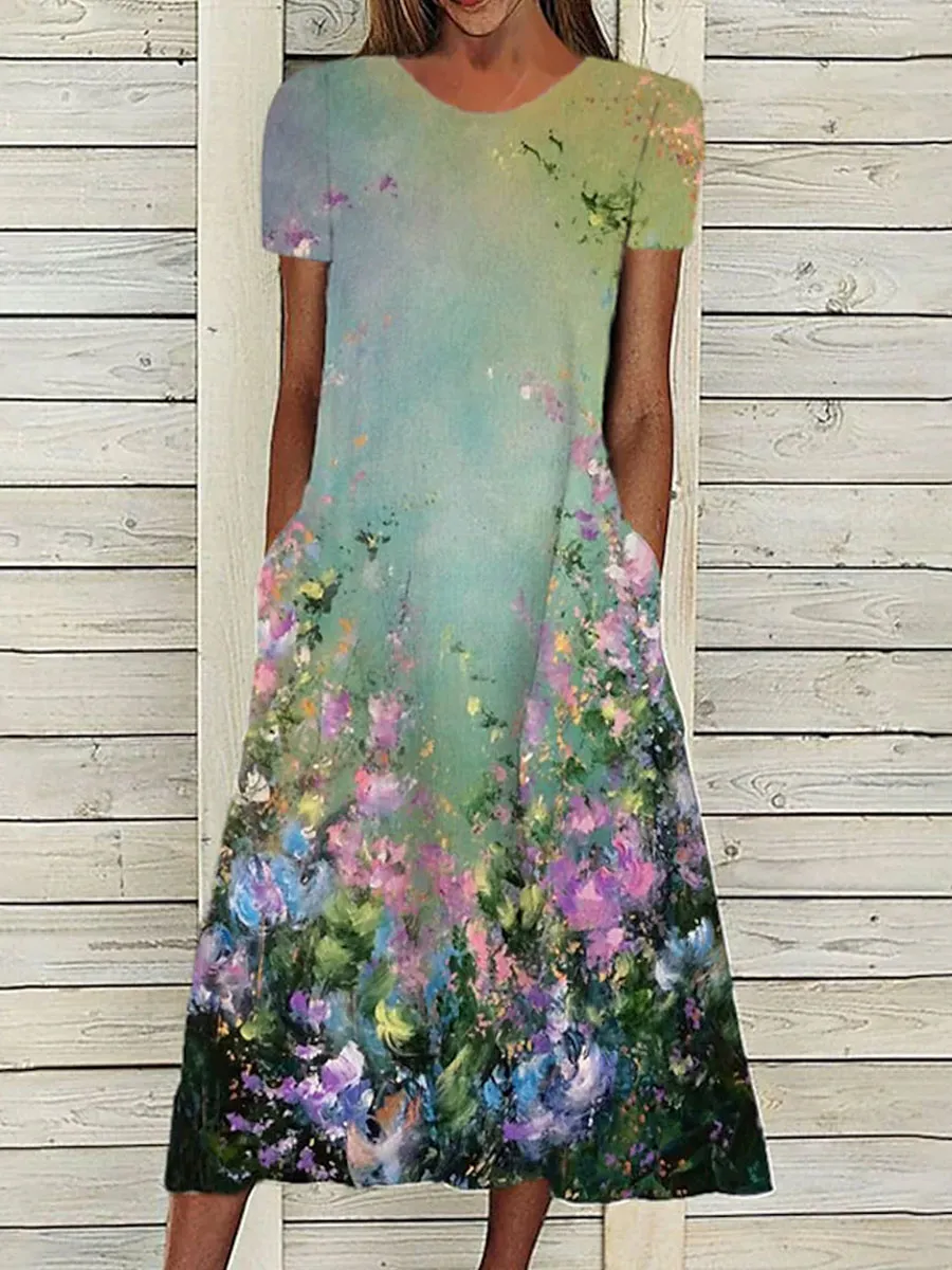 Round Neck Loose Casual Floral Print Short Sleeve Midi Dress