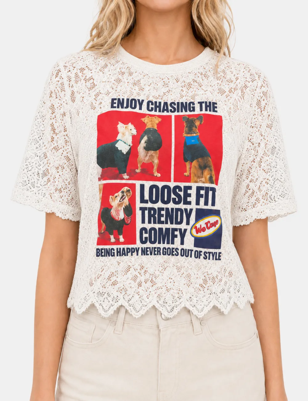 Dog Graphic Round Neck Lace Crop Top