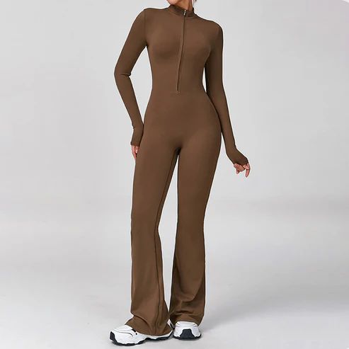 Half Zip Long Sleeve Flared Yoga Jumpsuit Set