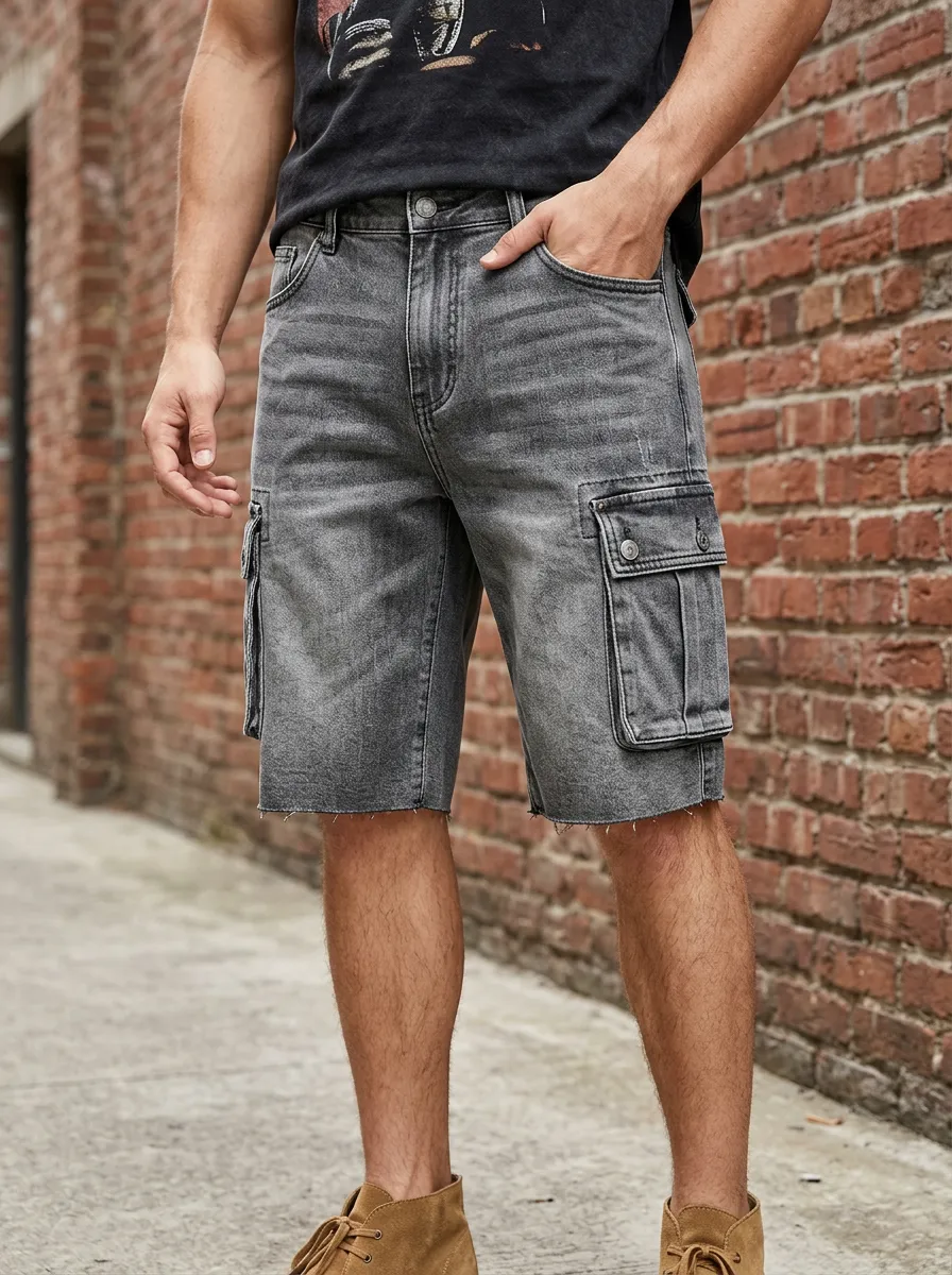 Men's Casual Streetwear Washed Grey Cargo Denim Shorts