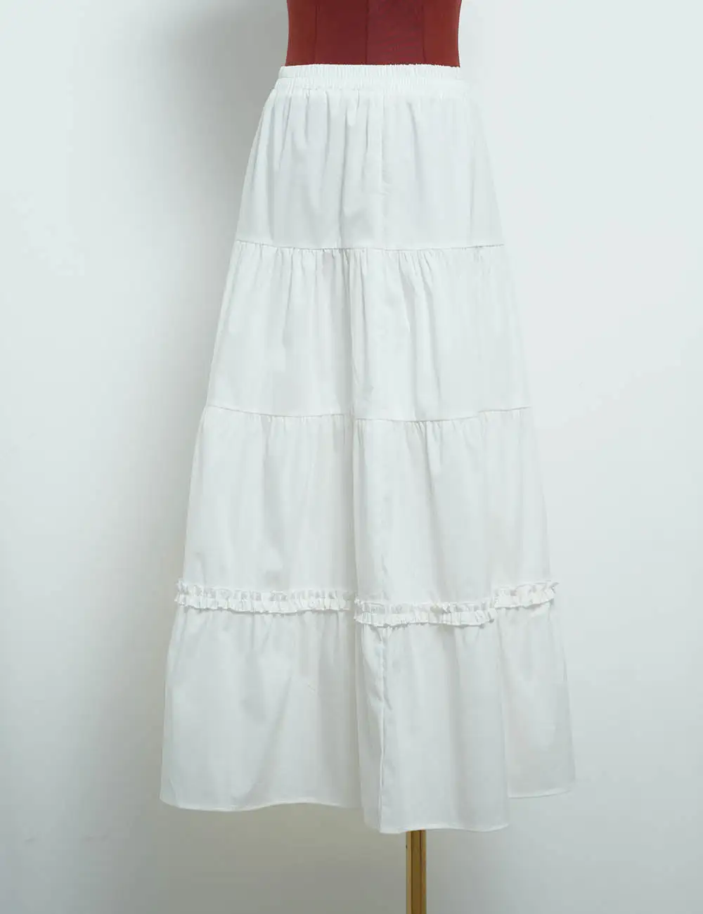 Tiered Hem Elastic Waist Solid Color Midi Skirt