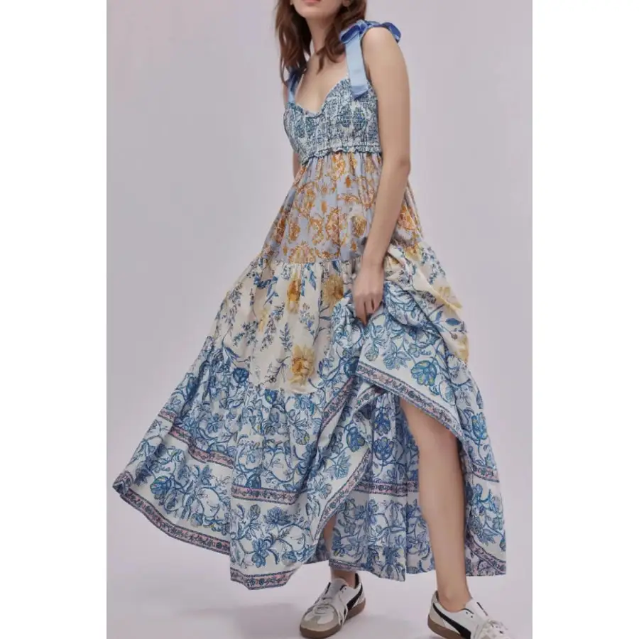 Floral Tiered Maxi Dress with Mixed Print Design