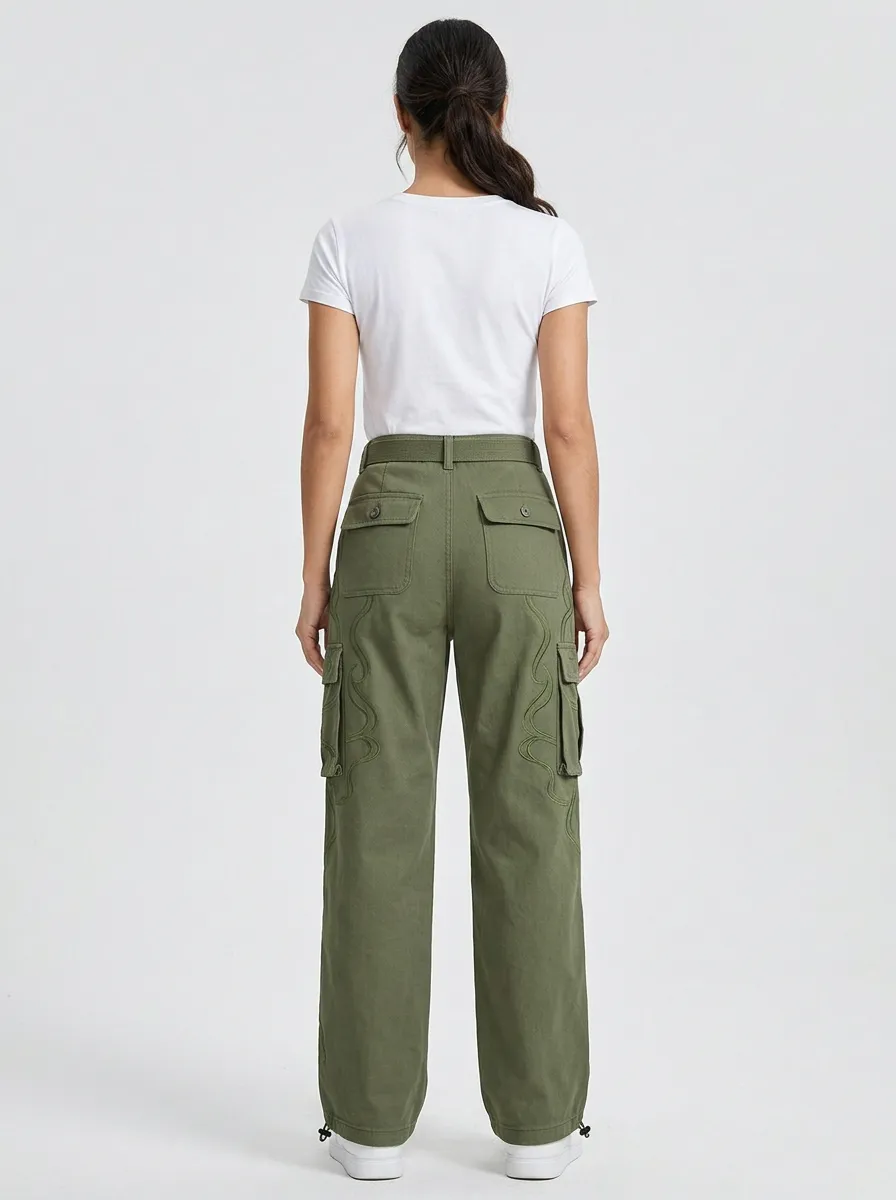 Flexible Embroidered Detail Multi Pocket Edit Women's Multi Pocket Cargo Pants