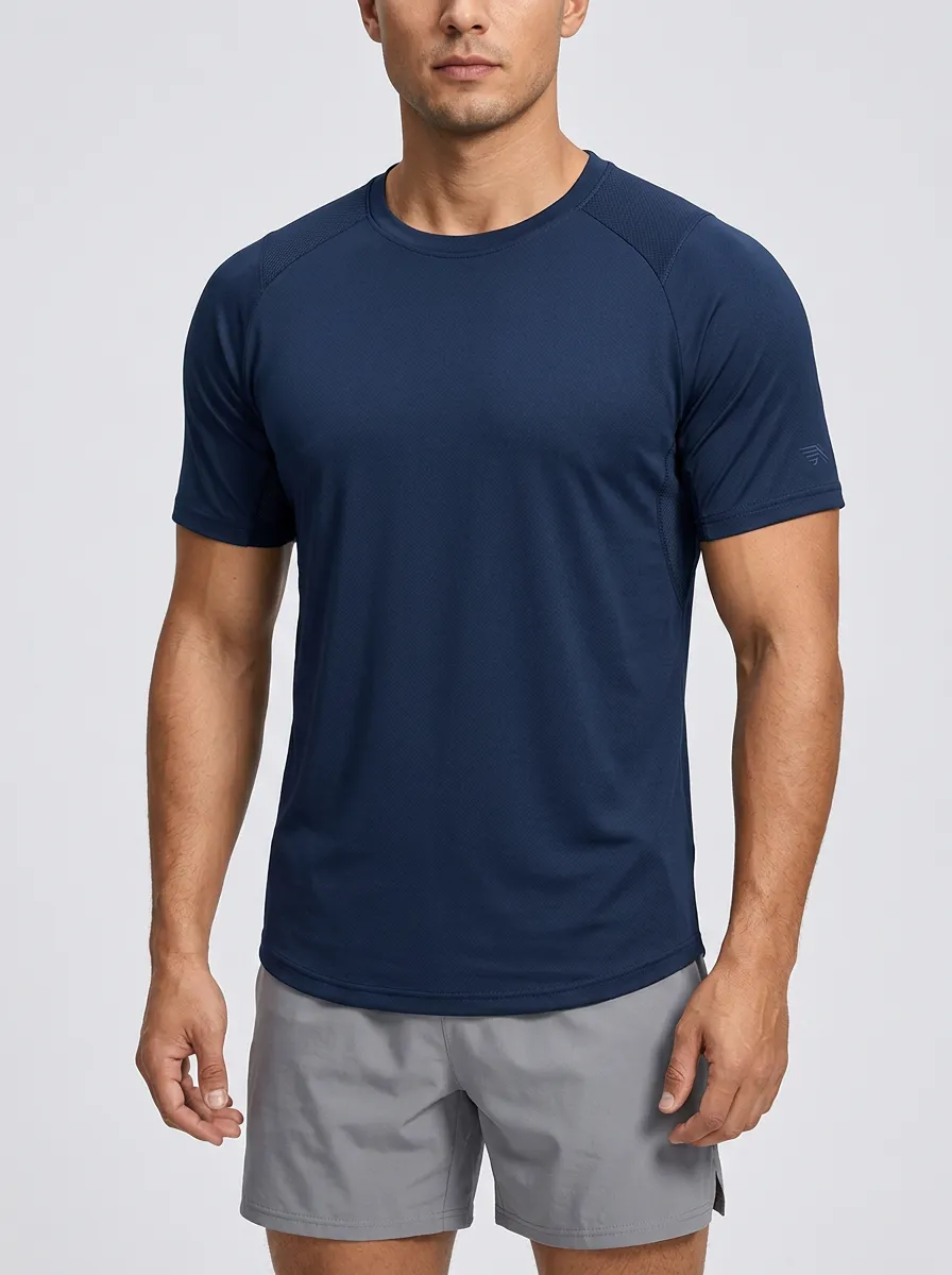 Men's Athletic Emblem Training Mesh Textured Raglan Performance Sport Crewneck T-Shirt