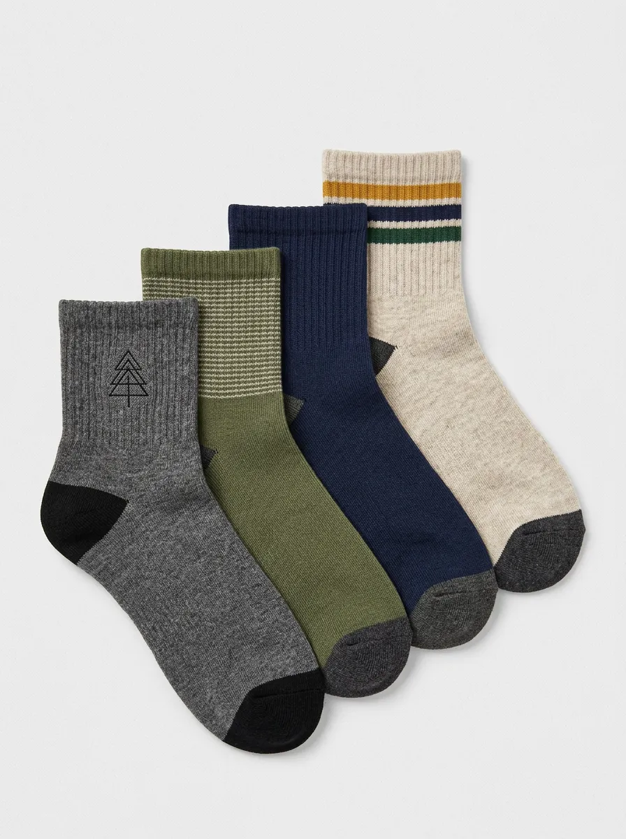 Pine Tree Motif Striped Tree Motif Heathered Texture Men's Crew Socks Four-Pair Pack