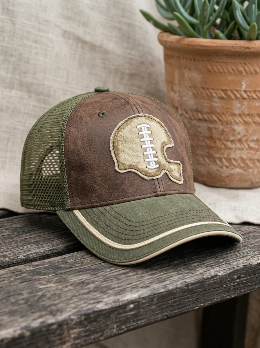 Men's Football Lover Faux Leather Helmet Embroidered Mesh Trucker Cap