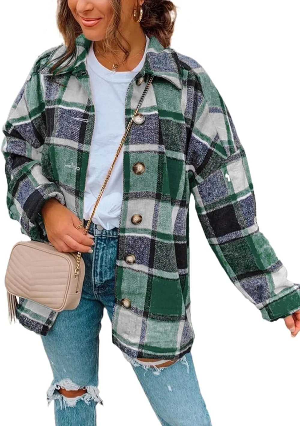 Women's 2023 Fall Clothes Plaid Shacket Jacket Long Sleeve Button Down Flannel Shirts Fashion Blouse