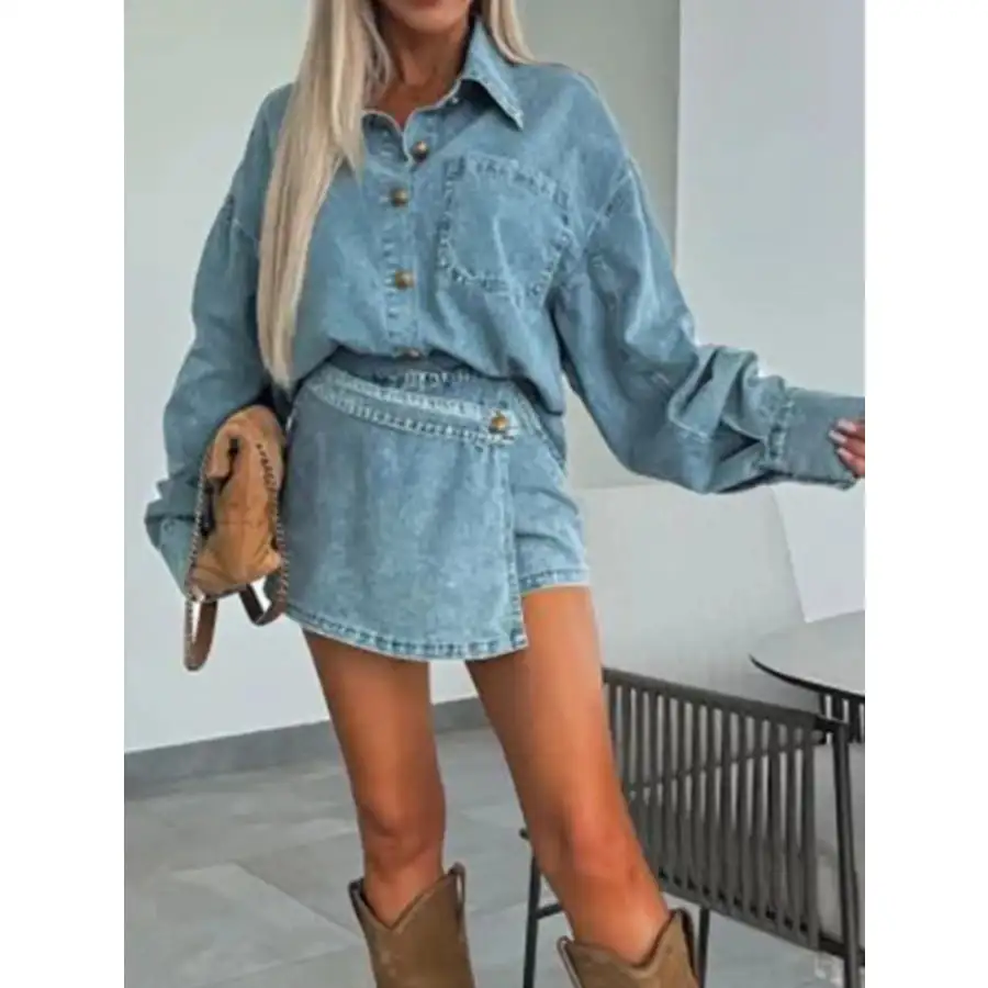 Button Front Shirt and Mini Skirt Oversized Denim Set