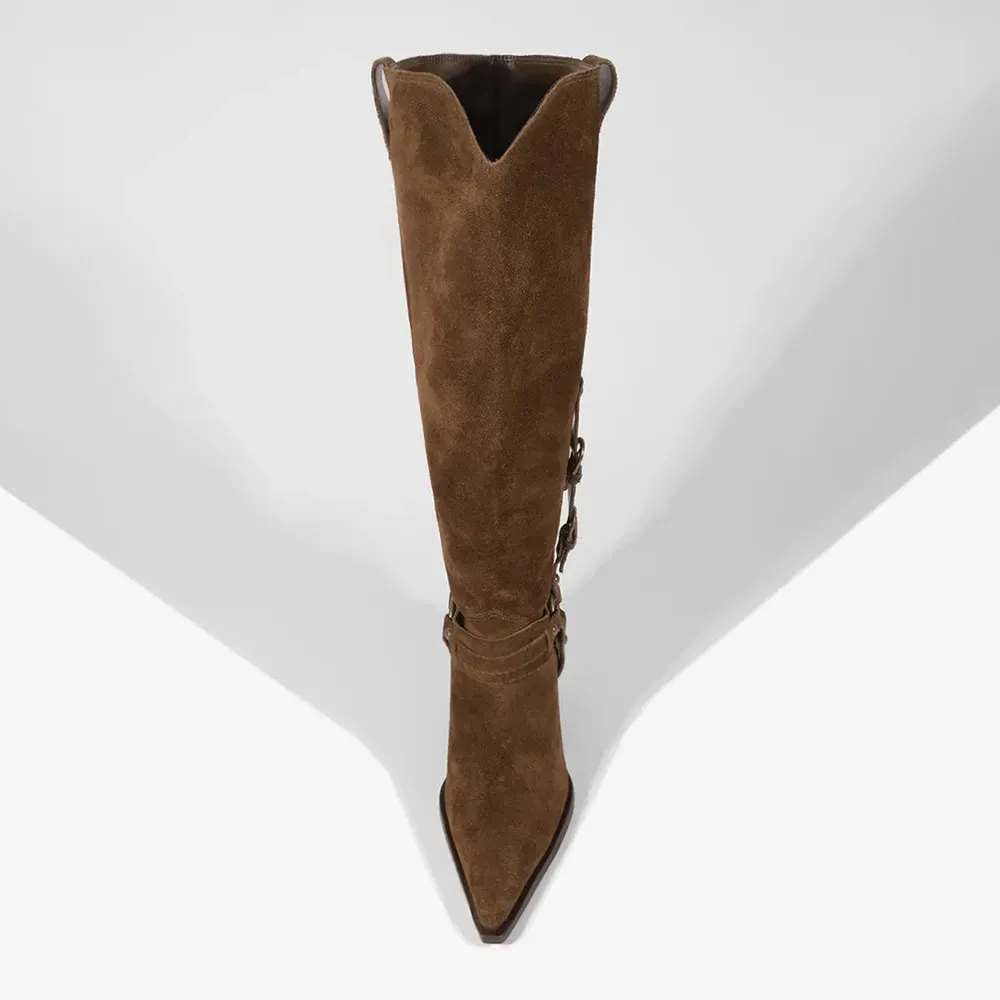 Faux-Suede Buckle-Detail Pointed-Toe Block-Heel Knee-Length Western Boots