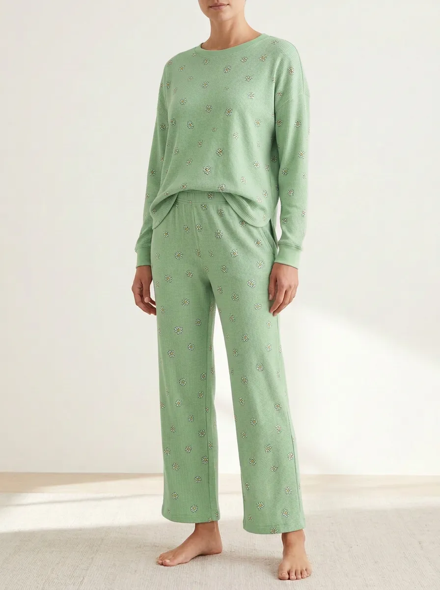 Women's Daisy Waffle-Texture Crewneck Straight-Leg Lounge Set