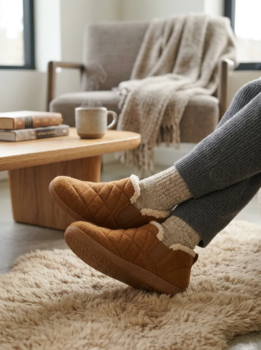 Women's Cozy Home Quilted Brown Fleece Lined Wool Slippers