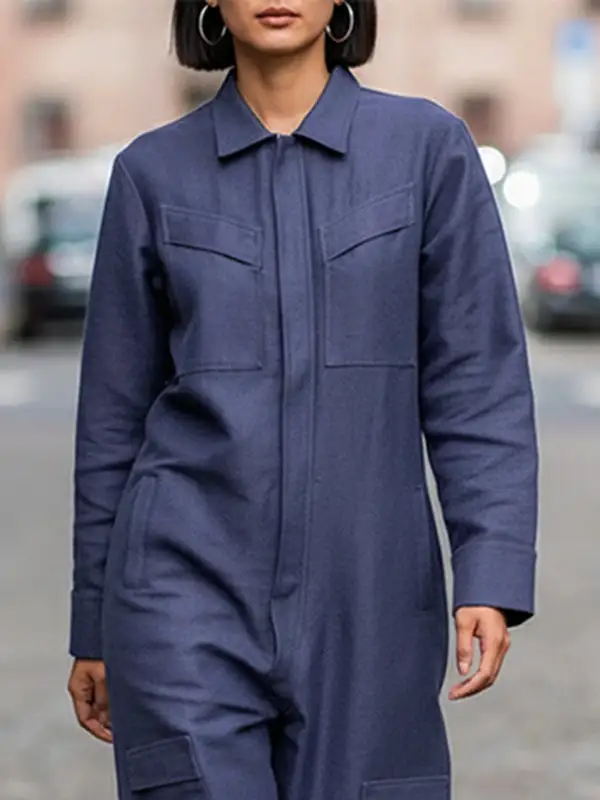 Lange Mouwen Losse Effen Kleur Rits Revers Jumpsuits