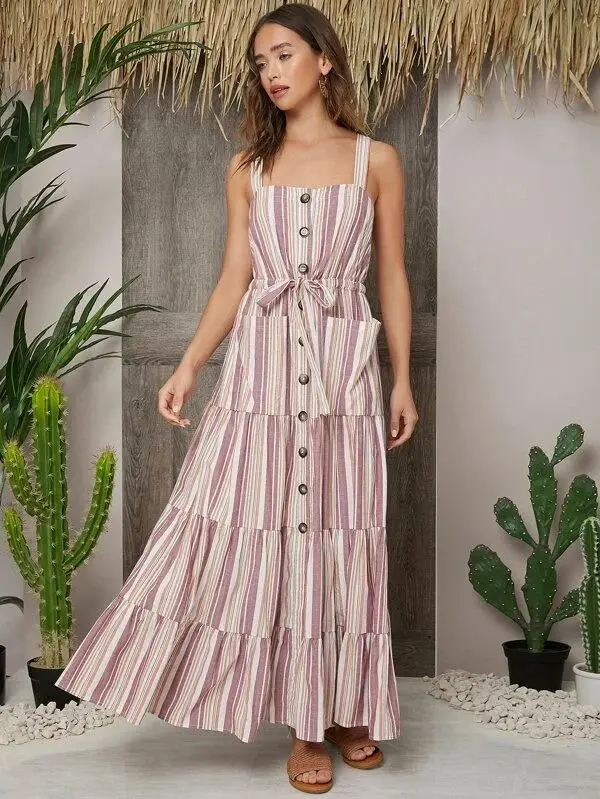 Women Striped Button Front Patch Pocket Dress
