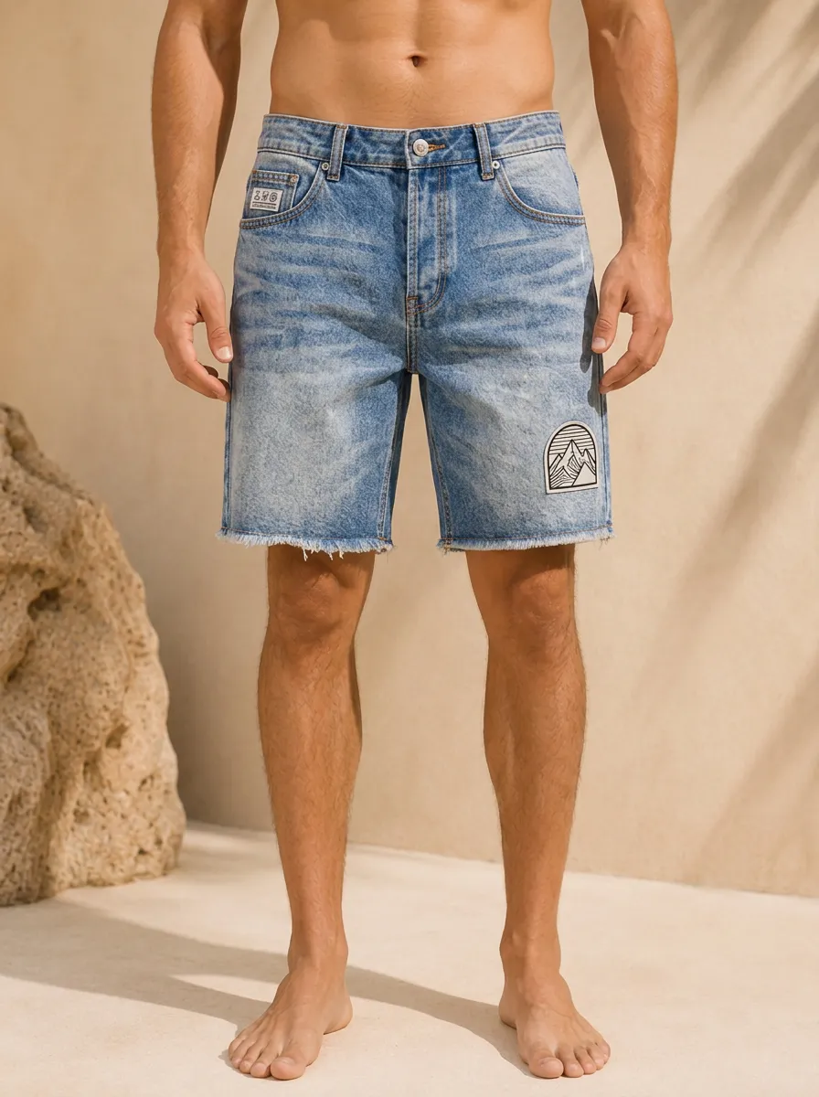 Men's Outdoor Adventure Mountain Printed Raw Hem Denim Shorts