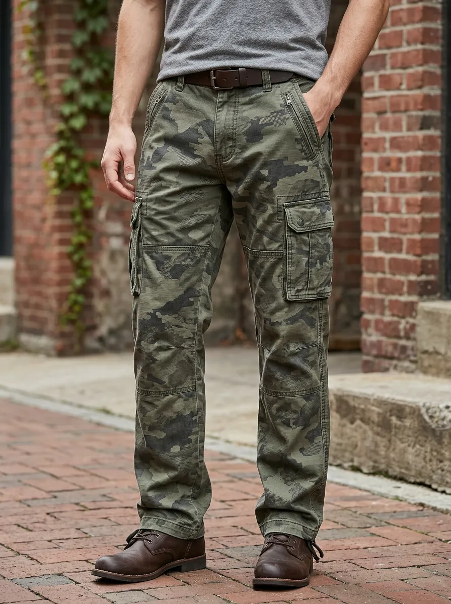 Men's Zip Fly Cargo Pants with Camouflage Detail