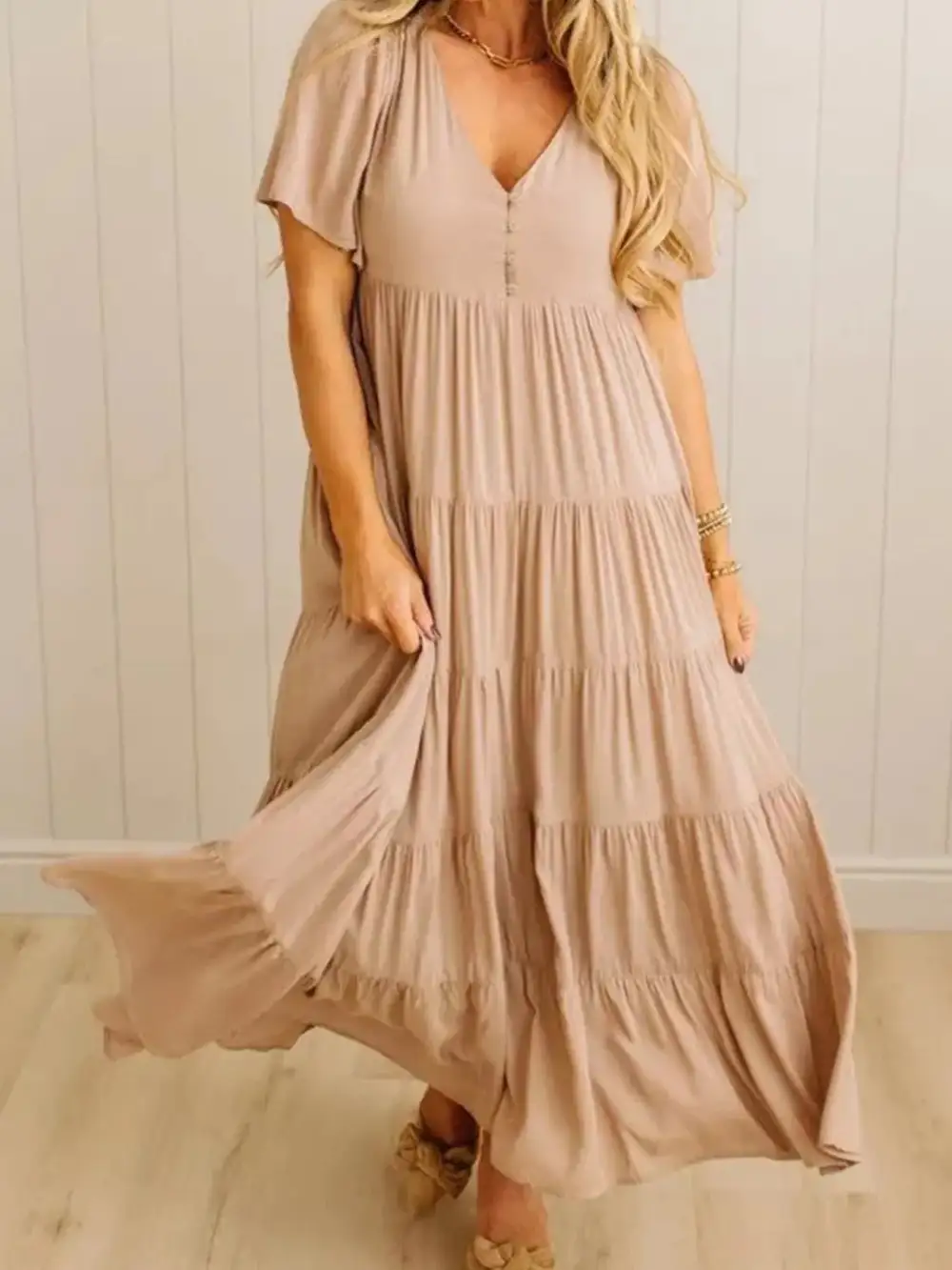 V Neck Tiered Midi Dress