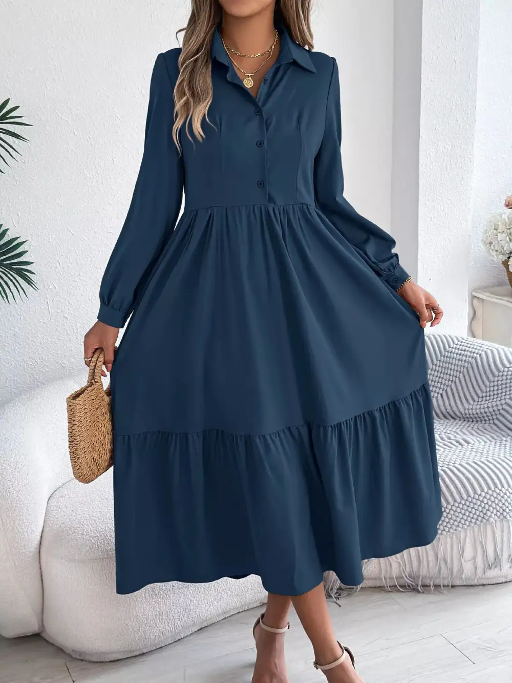 Button Front Tiered Long Sleeve Midi Dress