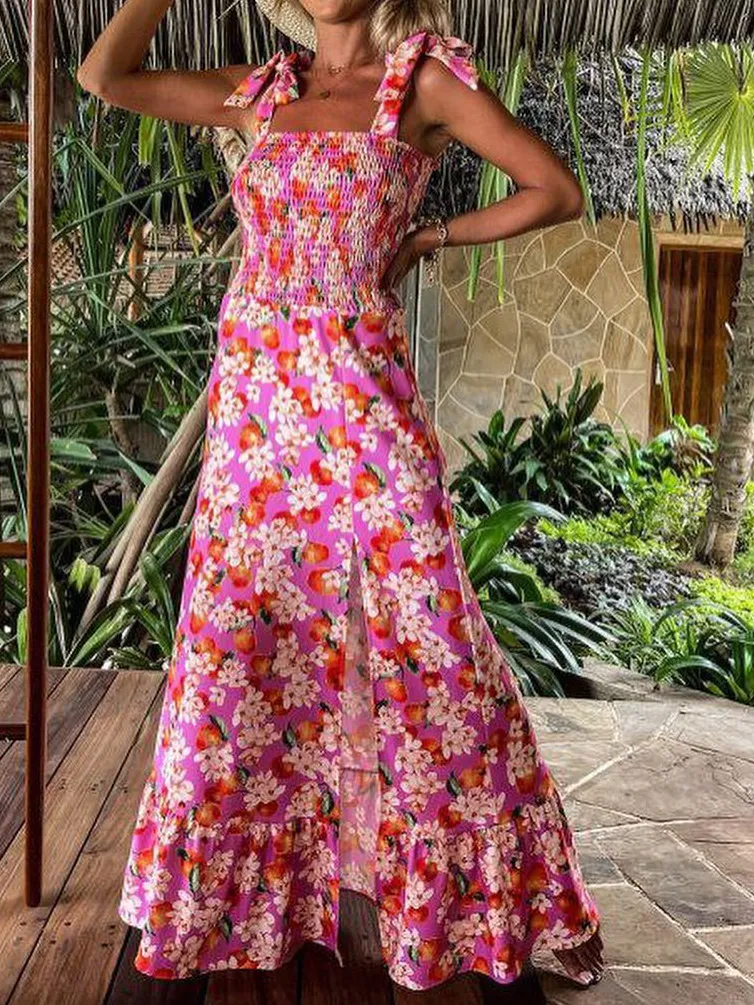 Resort Printed Sling Sleeveless Slit Maxi Dress
