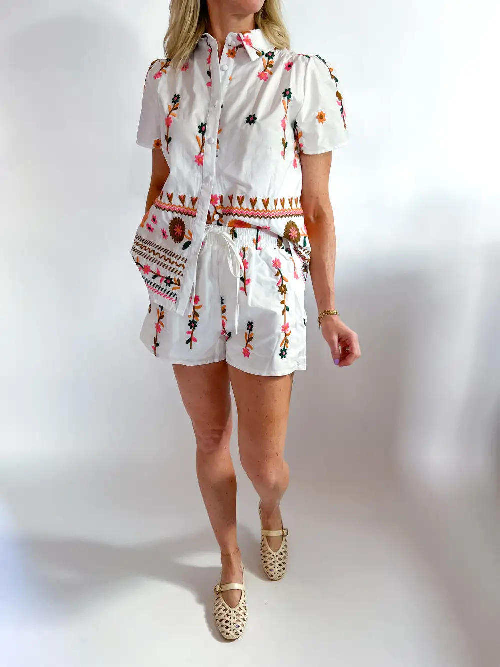 Embroidered Top And Shorts Set