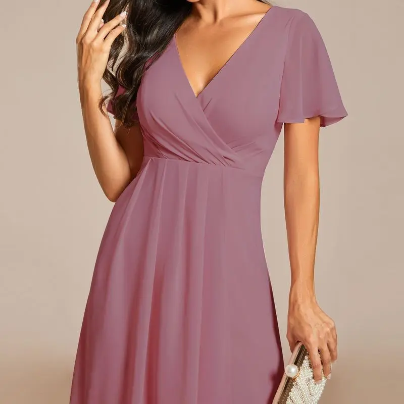 6PACK-Ruffles Sleeve Pleated V-Neck A-Line Midi Chiffon Wedding Guest Dress