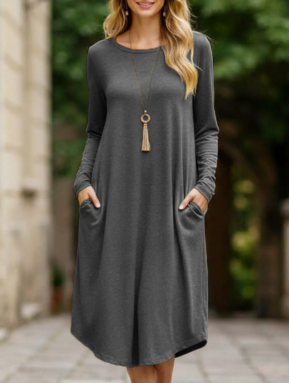 Midi-Length Round Neck Long-Sleeved Dress