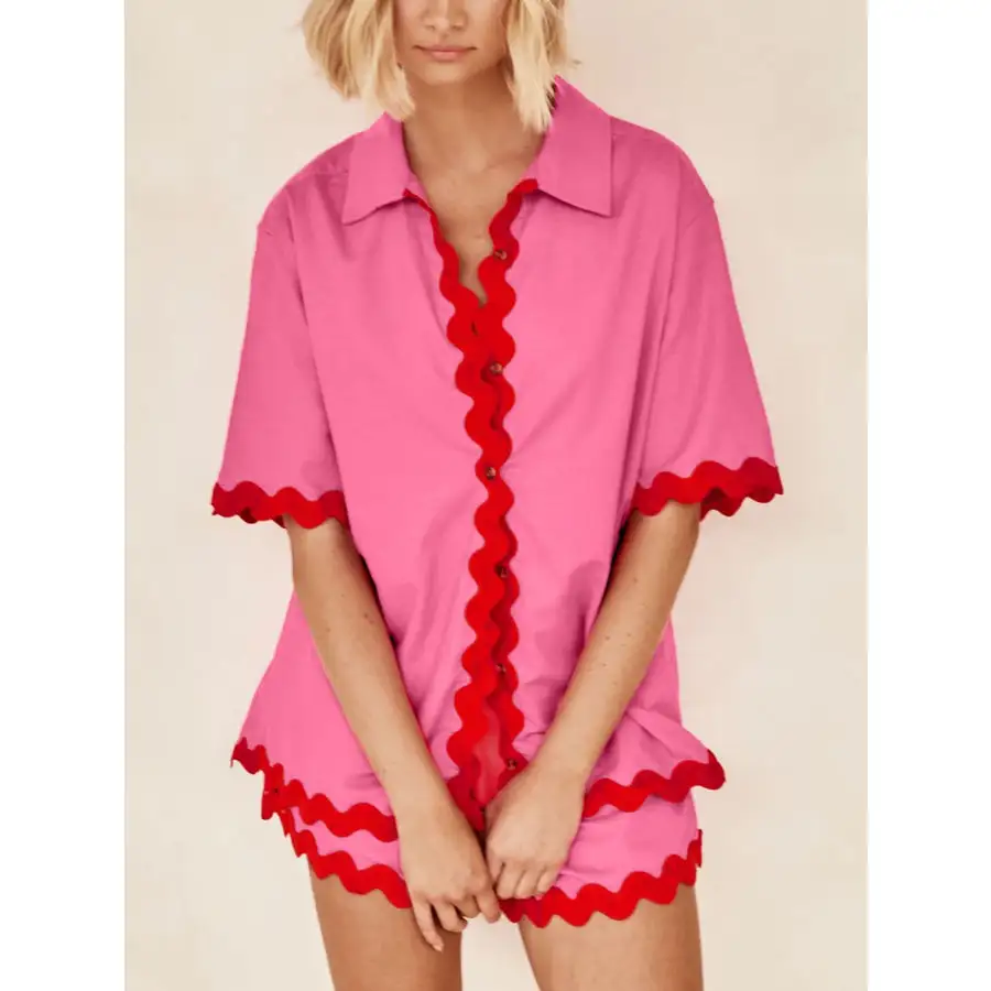 Soft Contrast Trim Half Sleeve Top and Shorts Set