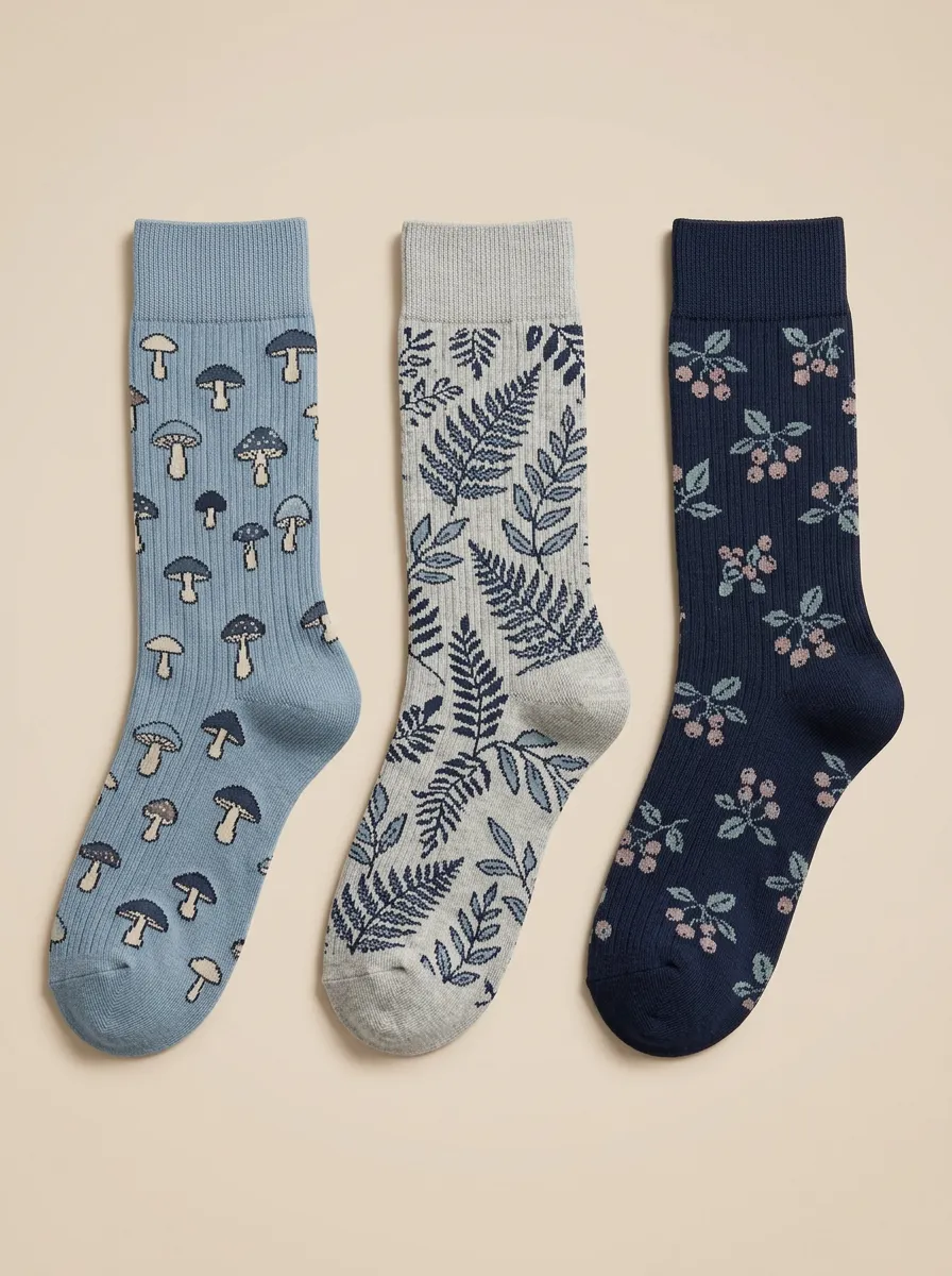 Retro Mushroom Fern Berry Three Pair Sock Set