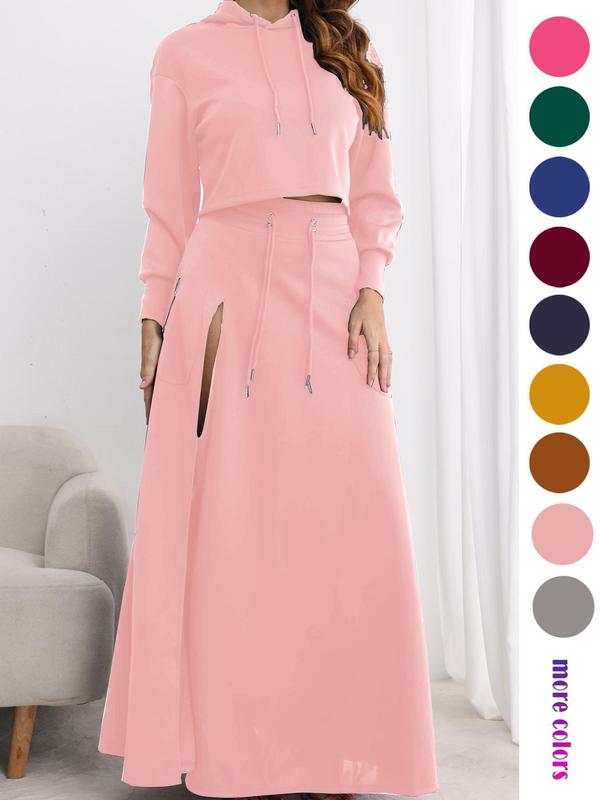 Women'S Solid Drawstring Hoodie & Split Thigh Skirt Set, Long Sleeve Top & Pocket Long Skirt, Casual Fashion Cozy Co-Ord Set, Women Clothes