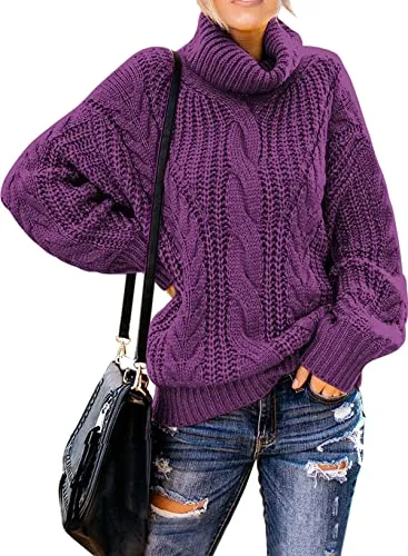 Women's 2025 Turtleneck Balloon Long Sleeve Casual Loose Chunky Cable Knit Pullover Sweater Outerwear