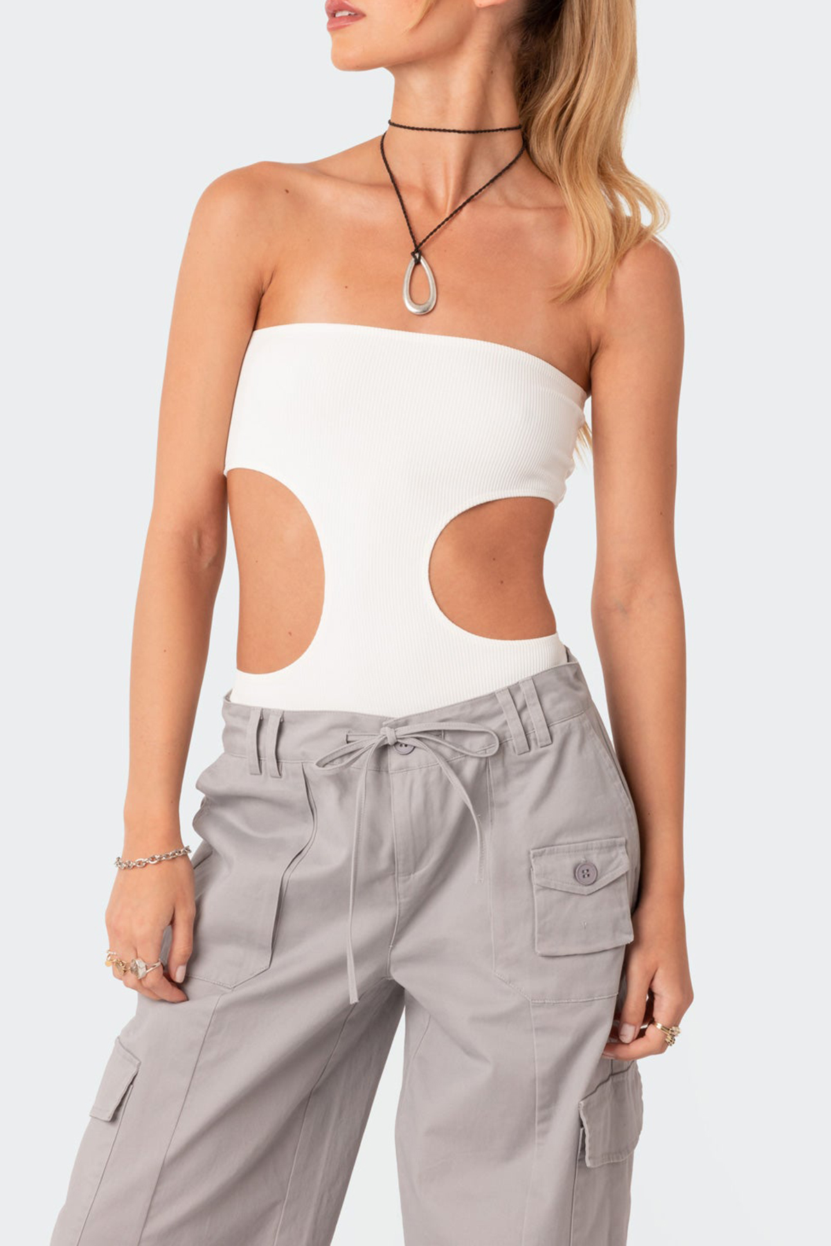 Ribbed Cut Out Bodysuit White