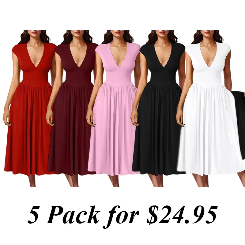 5PACK-Women'S Summer Casual Deep V NeckMidi Dress