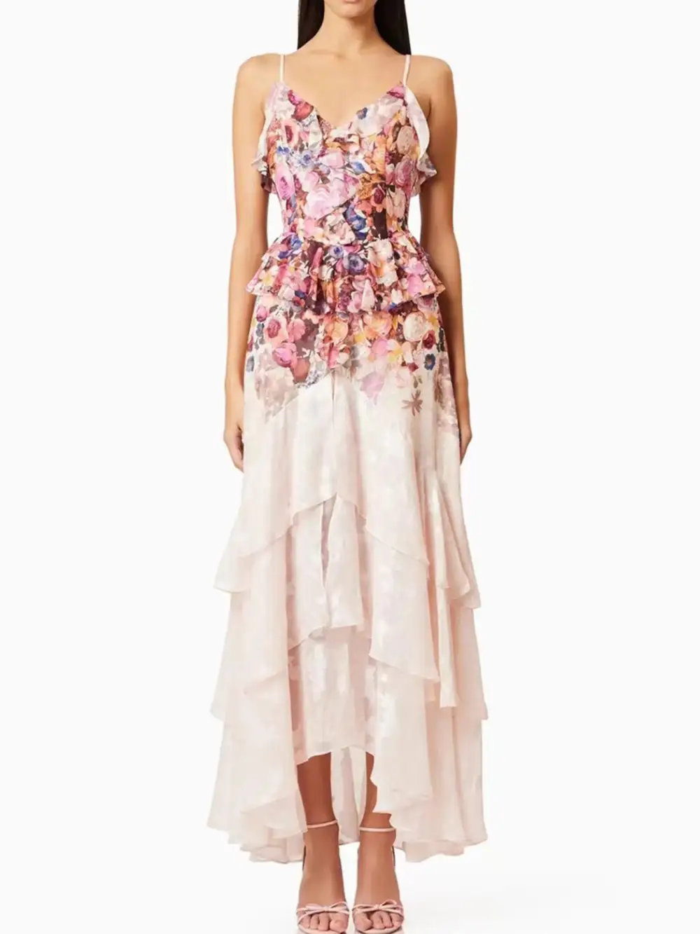 Clean Line Floral Printed Ruffle Maxi Dress