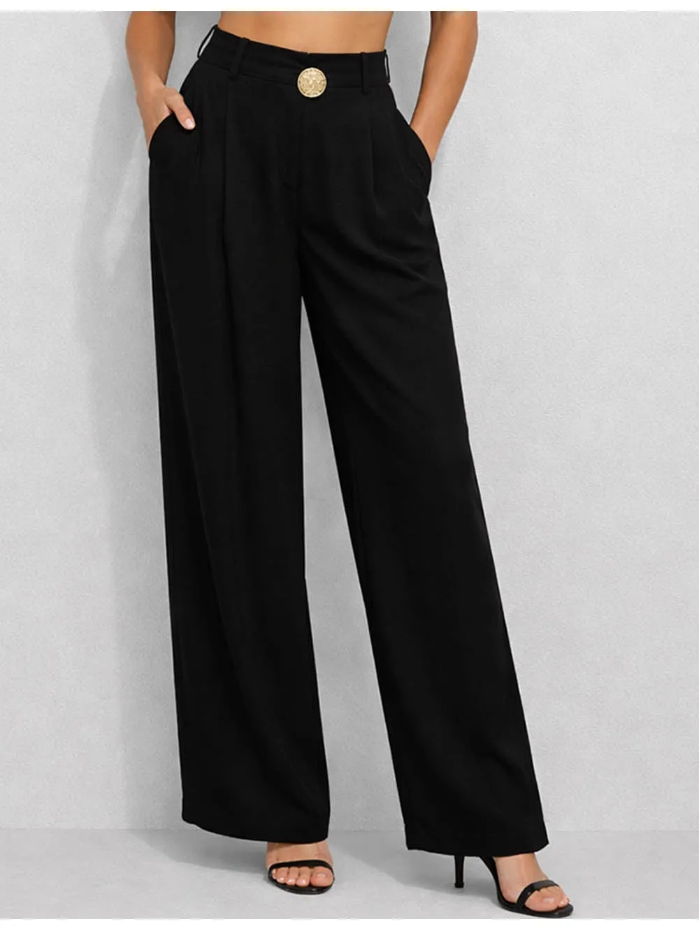 Chic Irregular Metal Buckle Waist Wide Leg Pants