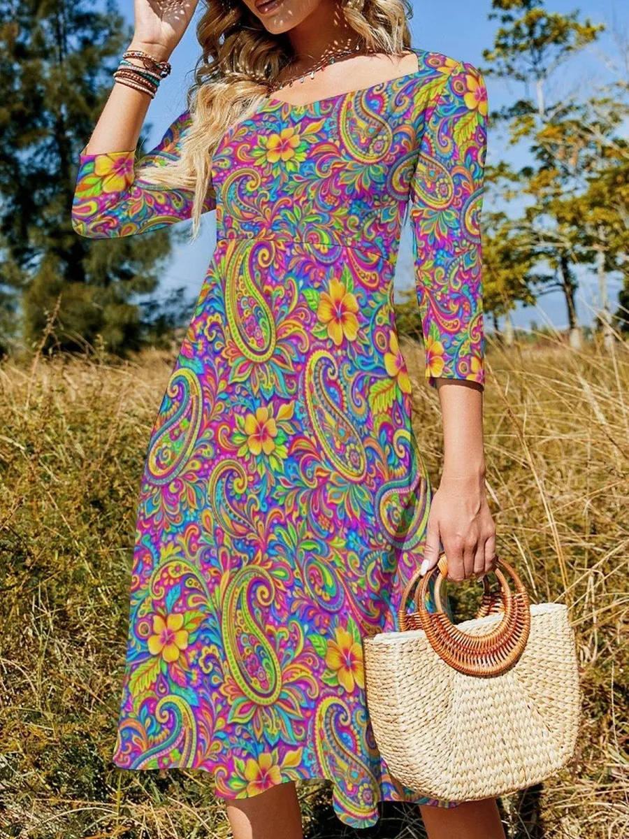 Casual Retro Print Midi Dress