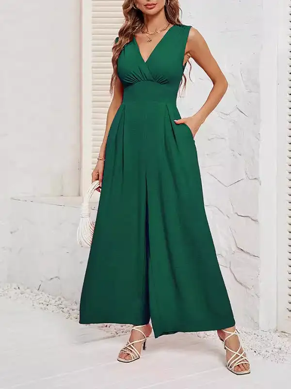 Losse Mouwloze Geplooide Jumpsuits Met Split Joint V