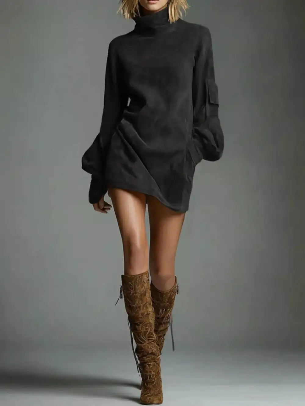 Pocketed Lantern Sleeve Mini Dress