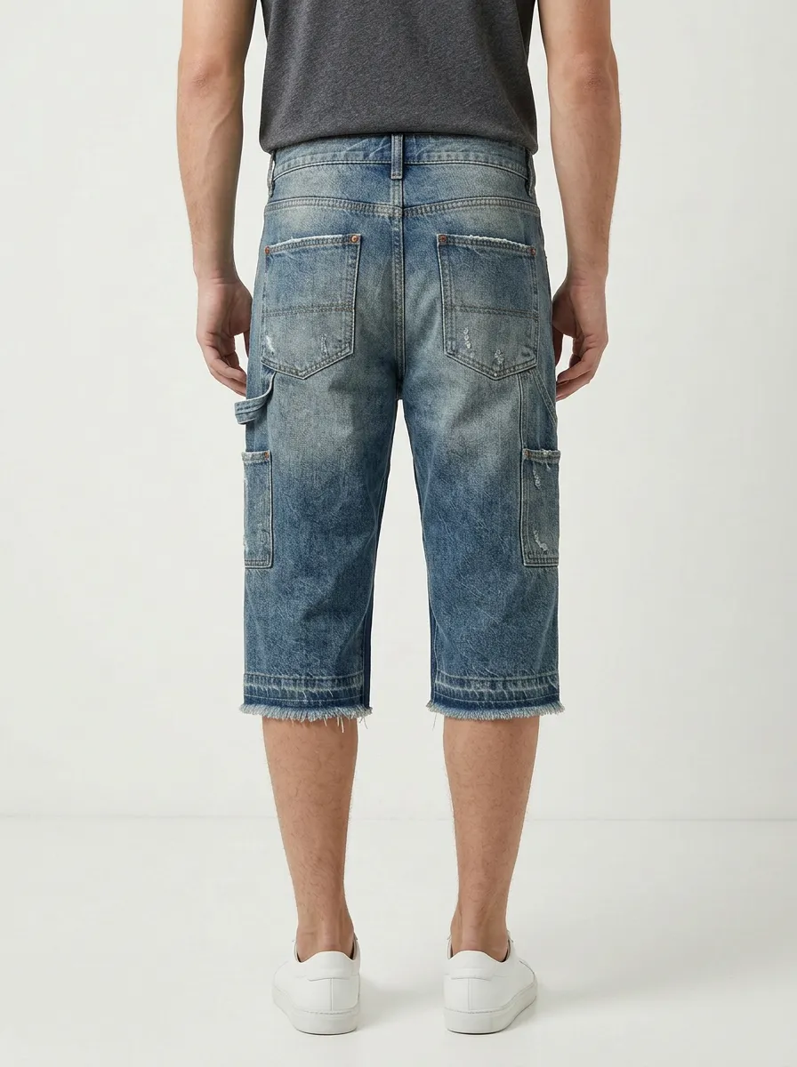 Men's Classic Geometric Distressed Raw Hem Street Inspired Distressed Denim Shorts