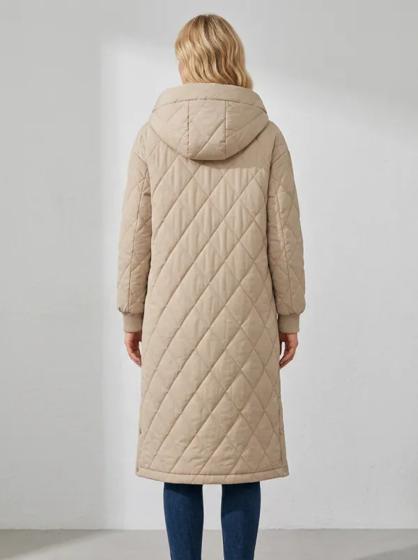 Comfort Diamond-Quilted Long Hooded Coat
