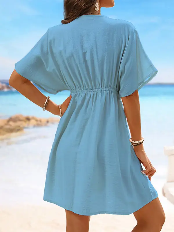 Batwing Sleeve Relaxed Elasticity See Through Split Joint V Neck Mini