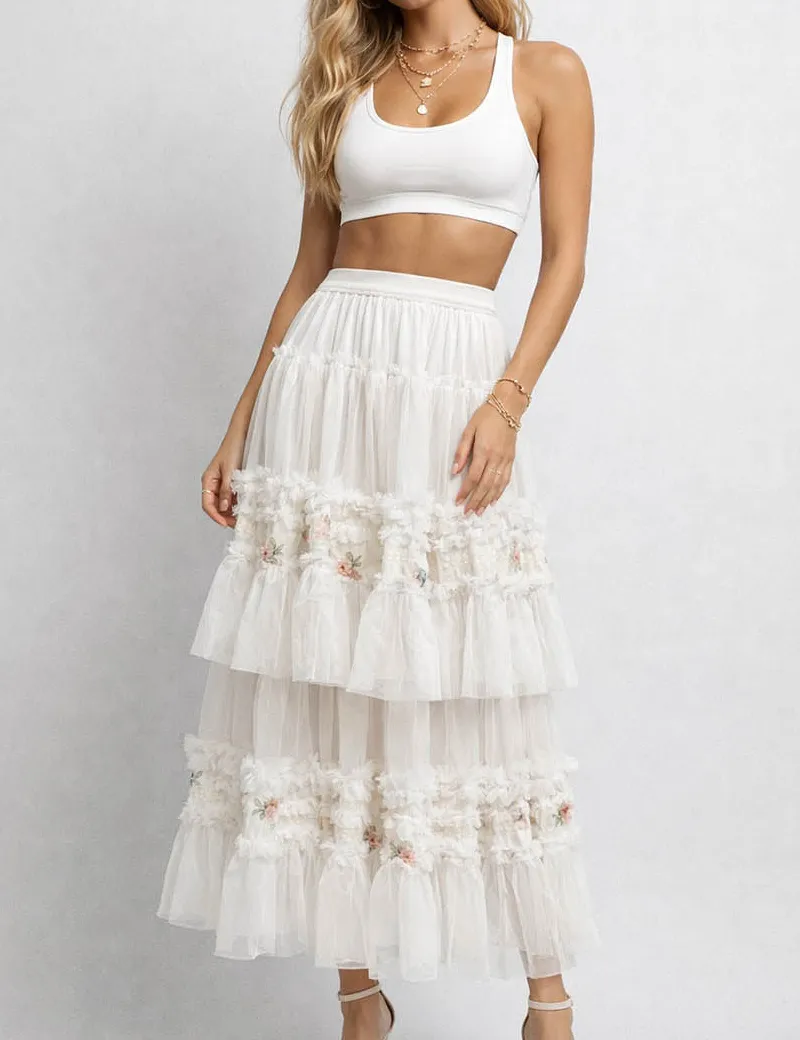 Tiered Ruffle Mesh Maxi Skirt